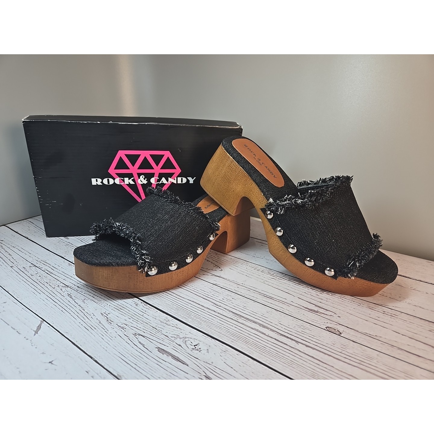 Rock & Candy Noelia Platform Slide Sandals - Black Denim Women's Size 8 *New*